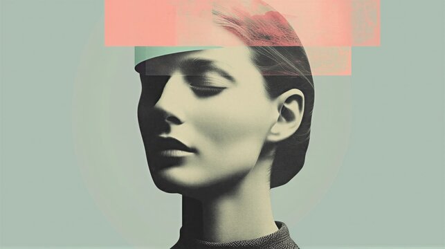 Woman in 3D retro abstract creative collage portrait. Female face with pastel geometric overlays and surreal elements. Modern digital art design for aesthetic concepts and visual identity