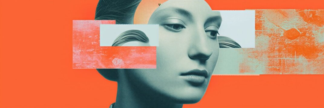 Woman face in 3D retro abstract collage. Creative geometric portrait with layered teal and orange elements. Surreal digital art concept for modern graphic design inspiration. banner format