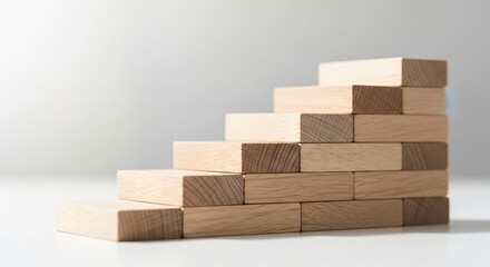 Obraz premium Stacked wooden blocks form ascending steps against a plain background emphasizing growth and progress