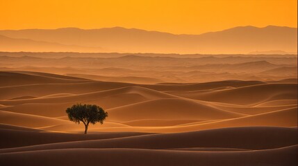 acacia. Golden desert sunset with endless dunes and a lone acacia tree silhouette. inspiring travel planning, travel magazines, designed for travel destination branding, used by content marketers.
