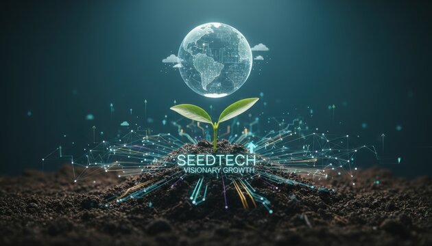 startup seed technology growth nature concept. Digital seedling growing with global network connections and "seedtech" text.