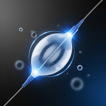Medical catheter with inflated balloon and glowing particles on dark gradient background