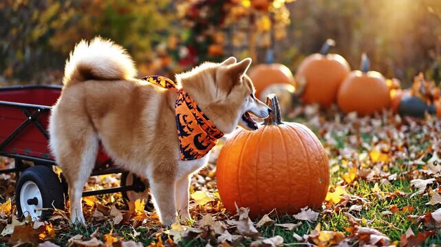 Shiba descends from a red wagon into a pumpkin patch with a bandana