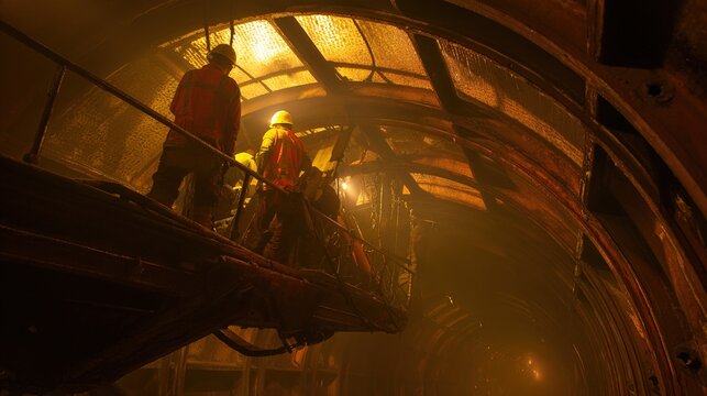 caisson. Interior of a submerged caisson with workers in safety gear. real-estate listings, architecture portfolios, designed for interior renovation comparisons for interiors.