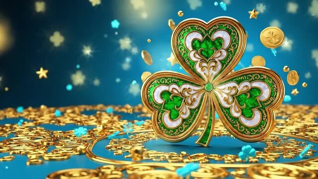 Golden and green shamrock for St. Patricks Day celebration. Luck and prosperity concept. Holiday background for banner.