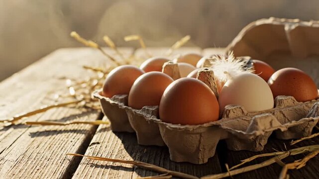 Fresh brown and white eggs in a protective carton placed on a rustic wooden surface with natural sunlight creating warm tones and shadows