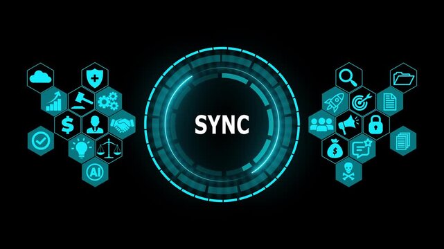Futuristic SYNC Digital Data Synchronization Interface with HUD Circle, Cloud Connectivity and Network Technology Concept Abstract Motion Graphics Loop Background