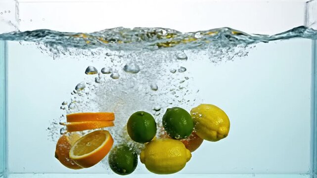 Fresh citrus fruits including orange lemon lime and yellow lemon submerged in water with bubbles and splash effect for healthy eating and refreshment