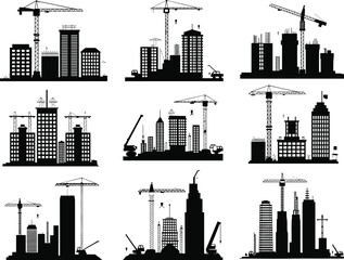Obraz premium Urban construction silhouettes with cranes, workers, scaffolding, city development infrastructure flat vector