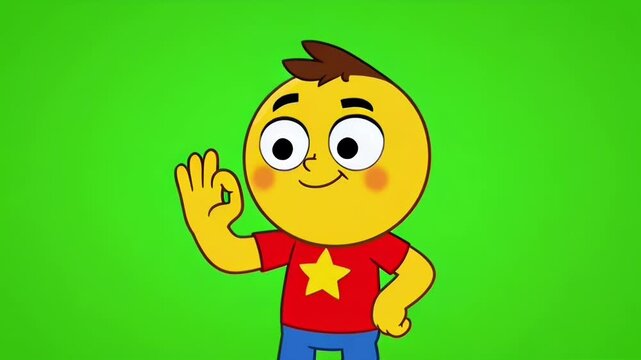 Cheerful cartoon chick waving hello on a bright green background.
