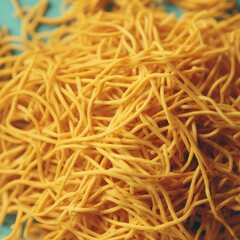 Close-up of yellow cooked noodles piled high on a light blue surface, capturing texture
