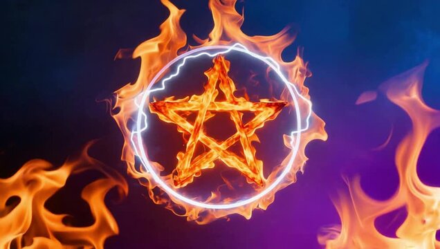 Fiery Pentagram Satanic Symbols in Electric Circle Dark Fantasy