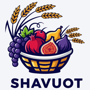 Shavuot Jewish Holiday Illustration with Fruit Basket and Wheat Ears