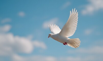 Fototapeta premium A white pigeon flies in a clear blue sky