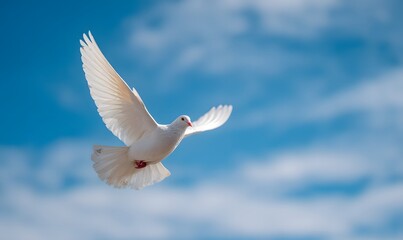 A white pigeon flies in a clear blue sky