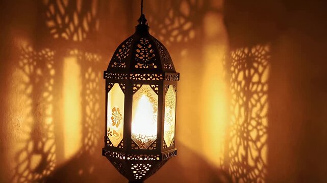 ornate lantern shadows warm amber light on textured wall