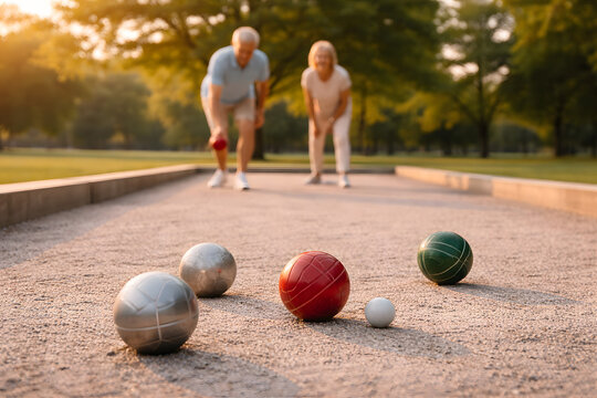 Senior Couple Playing Bocce Ball on Outdoor Court at Sunset