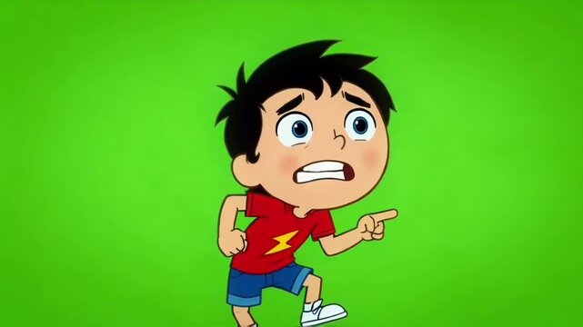 Animated boy running with a worried expression against a bright green background in a playful cartoon scene.