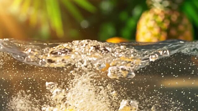 Fresh pineapple fruits on a tree with lush green leaves in an outdoor tropical setting