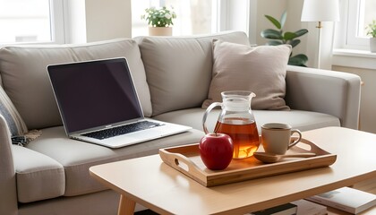 Still life of a natural breakfast at home beside a laptop on the sofa. Carafe of tea, coffee and an apple on a wooden tray with a computer. Home work, new trend technology and healthy food concept.