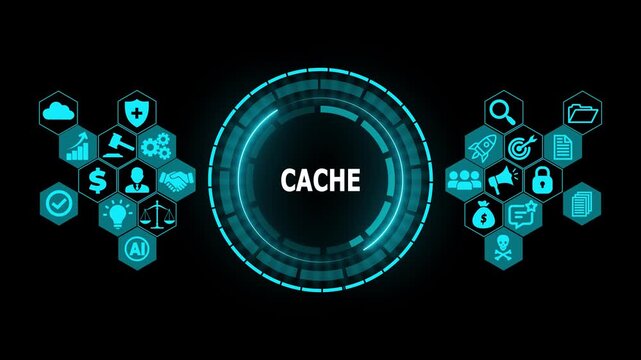 Futuristic CACHE Digital Memory Interface with HUD Circle, Data Storage Optimization and Computing Technology Concept Abstract Motion Graphics Loop Background