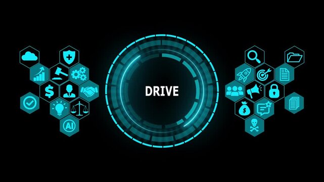 Futuristic DRIVE Digital Storage Interface with HUD Circle, Data Backup and Cloud Technology Concept Abstract Motion Graphics Loop Background