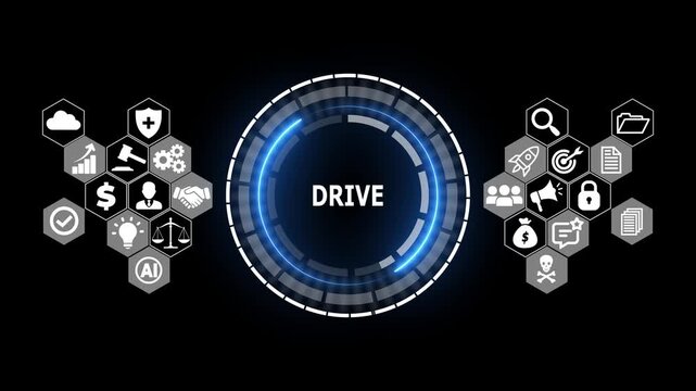 Futuristic DRIVE Digital Storage Interface with HUD Circle, Data Backup and Cloud Technology Concept Abstract Motion Graphics Loop Background