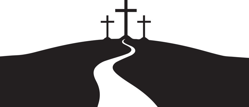 Three crosses silhouette on calvary hill with winding path vector illustration line art