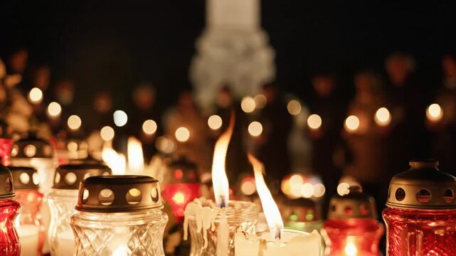 Remembrance candles and lanterns illuminated in a memorial setting creating a peaceful and respectful atmosphere for commemorations