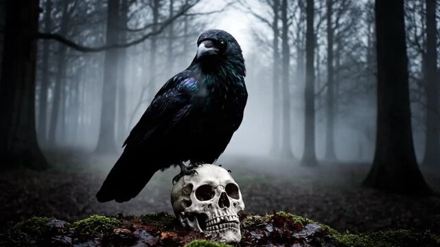 Mysterious Raven Perched on a Skull in a Foggy, Dark Forest.