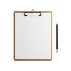 A wooden clipboard with a pen resting on top of it. isolated on transparent background