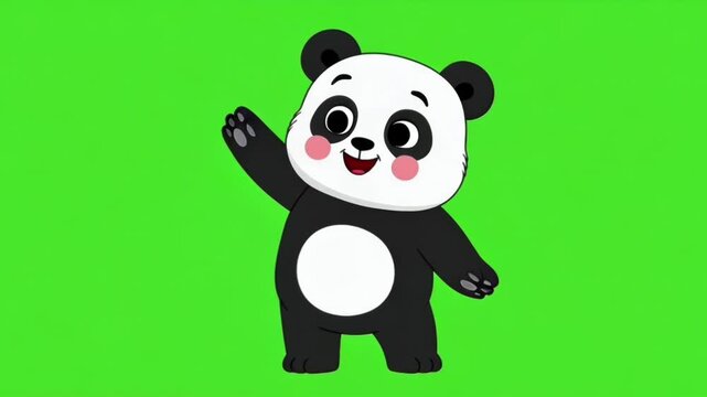 Cheerful panda cartoon character waving on a vibrant green background, a friendly fullbody illustration.