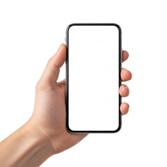 Hand holding a smartphone with a blank screen against a white background isolated on transparent background