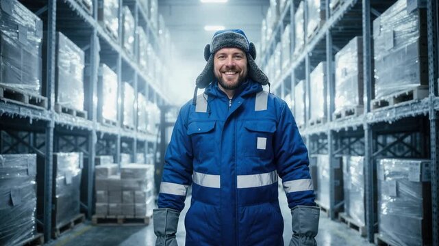 Male worker in insulated jumpsuit standing in cold storage warehouse. Professional man in freezer facility for industrial logistics. Cold chain food distribution center