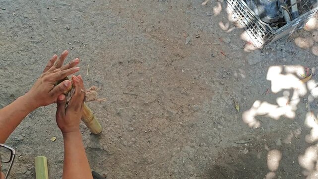 Applying ocote turpentine and coconut oil to bamboo cane