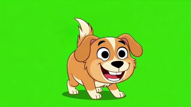 Cheerful cartoon puppy standing happily on bright green background.