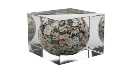 Crystal Cube Encasing Textured Sphere, Abstract Geometric Object