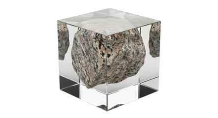 Stone cube in clear resin block, geological sample
