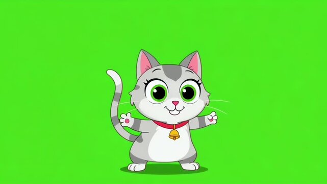Playful cartoon cat character standing upright with a friendly pose on a vivid green background.