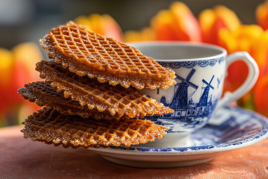 Stack of Dutch stroopwafels with caramel filling next to blue and white Delftware cup on wooden table