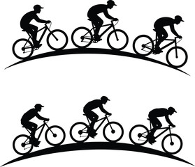 Obraz premium Silhouettes of cyclists riding bicycles on a curved path black white
