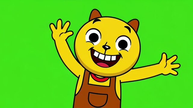 Bright Cartoon Cat Character Waving Cheerfully in Green Background.