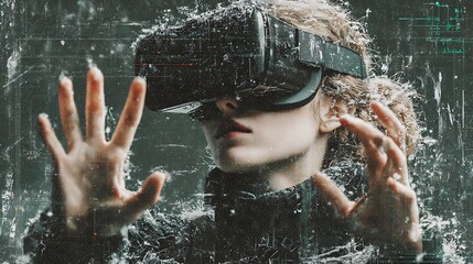 Fototapeta premium Woman wearing VR headset with futuristic interface glitch