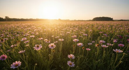 Obraz premium Field of pink flowers glows in the golden sunlight as the sun sets