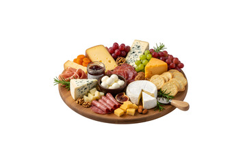 A cheese platter loaded with delicacies on a white backdrop