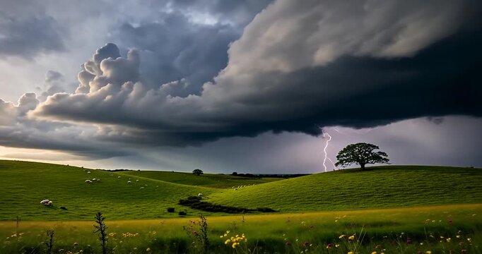 Dramatic storm clouds gather over a vibrant green landscape with a lone tree and lightning strike