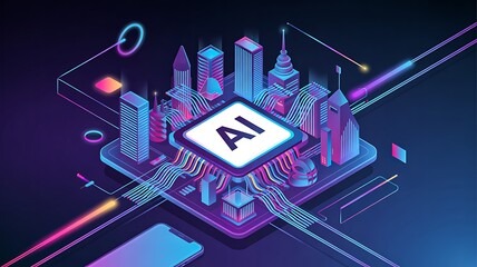 Fototapeta premium Artificial intelligence processor chip with futuristic cityscape and digital technology network background