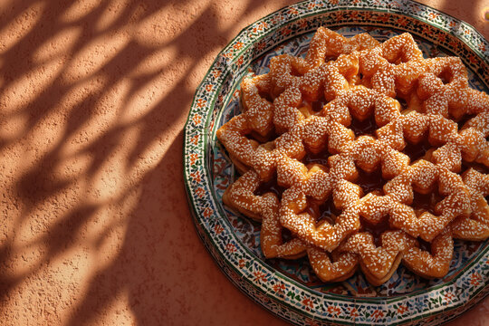 Moroccan chebakia sesame honey cookies on decorative plate sunlight shadow