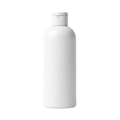 A white plastic bottle with a white cap standing upright against a white background isolated on transparent background
