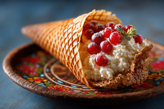 Traditional Norwegian krumkake cone with whipped cream and fresh raspberries on decorative plate